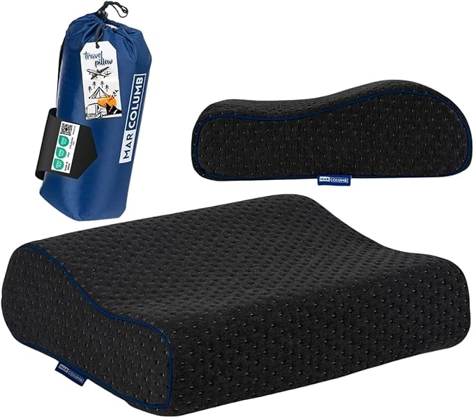 Travel &amp Camping Comfortable Memory Foam Pillow – Easy to Carry Portable Bag – Temperature Regulating Pillow Case - Perfect for Travelling (Black Contour)