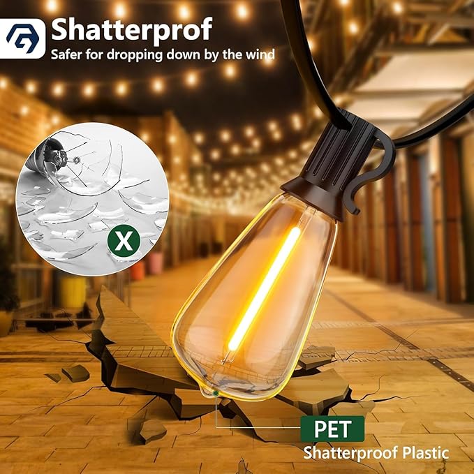 GPATIO Outdoor String Lights 50FT ST38 Bulbs Shatterproof Patio Lights Waterproof Dimmable Outside Hanging Light Connectable LED Outdoor Lights for Backyard Porch Party Garden Home Decor