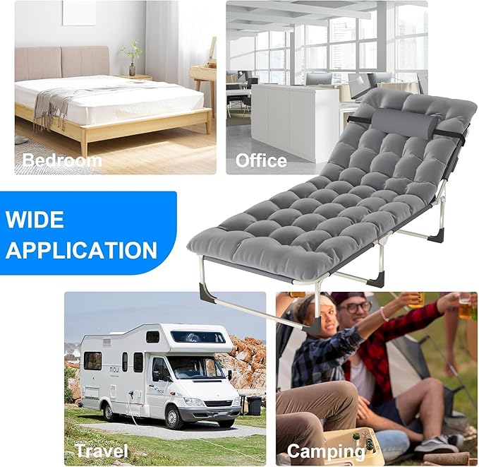 Leo IRis Portable Folding Camping Cot Oversize Adjustable 5-Position Adults Reclining Lounge Chairs with Pillow Heavy Duty Oxford Cloth 600D with Mattress (Gray - Upgrade Bed (with Mat))