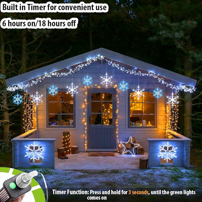 Christmas Snowflake Icicle Lights-9ft 150LED Twinkling Christmas Lights with Timer Waterproof Connectable Hanging 10 Drop for Eave Window Porch Xmas Indoor Outdoor Decoration (Blue and White)