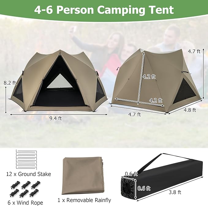 Tangkula 4-6 Person Pop Up Camping Tent with Visible Skylight Portable Backpacking Tent with Removable Rainfly 3 Mesh Walls 3 Zippered Doors Carrying Bag Family Dome Tent for Camping Hiking