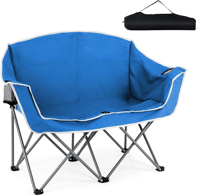 Tangkula 2 Person Camping Chair Portable Oversized Outdoor Folding Camp Chair Loveseat with Padded Seat Cup Holder Carry Bag Heavy Duty Lawn Chair for Beach Fishing Travel (Blue 2-Person)