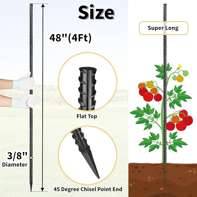 Rebar Stakes 48 inches 16-Pack Concrete Form Stakes Straight 3/8 Diameter Rebar Ground Metal Stakes for Landscaping Securing Fence Garden Plants Support Survey Markers and Securing Trees