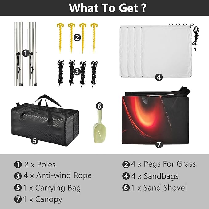 Dark Monster Eyes Beach Tent Sun Shelter 9.2' x 10.5' Beach Canopy with 4 Sandbags 4 Stability Poles Sand Shovels - Tent Canopy for Beach Camping Fishing Picnics