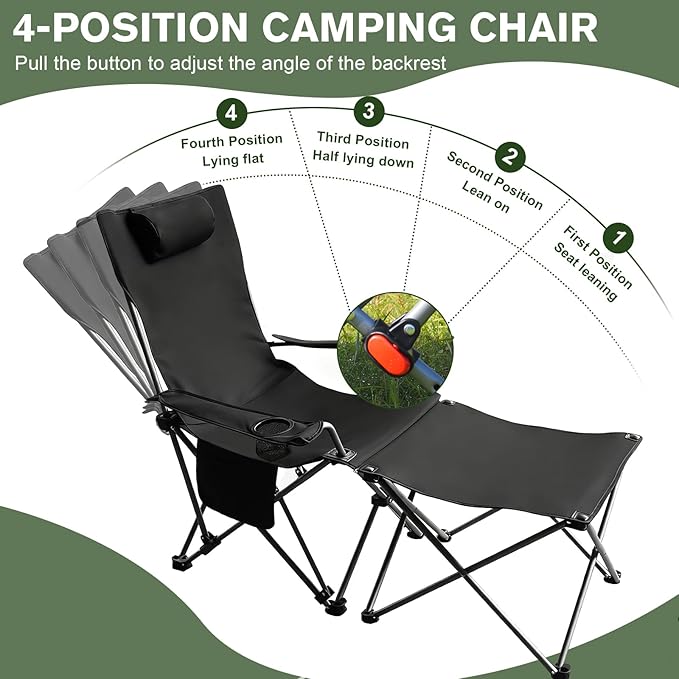 Portable Camping Chair with Footrest Folding Lounge Chair Reclining Chair for Outside with Cup Holder Side Pocket and Pillow Heavy Duty Collapsible Chair for SportsOutdoors &amp Lawns