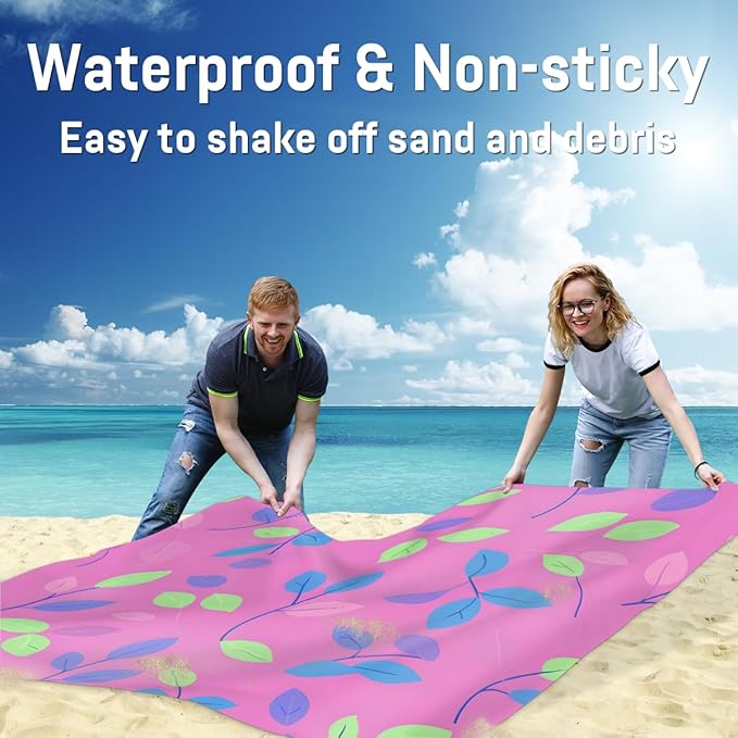 Waterproof Sandproof Beach Blanket 59''×68'' Fig Leaves Polyester Outdoor Picnic Blanket with 4 Stakes &amp Storage Bag for BeachCampingVacation Pink