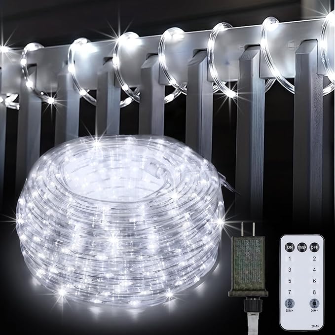 50Ft 600 LED Rope Lights Outdoor White Flexible Tube Light Waterproof Plug in 8 Modes Timer Memory Permanent String Lights for TreePool Bedroom Fence Garden Indoor Outside Decorations