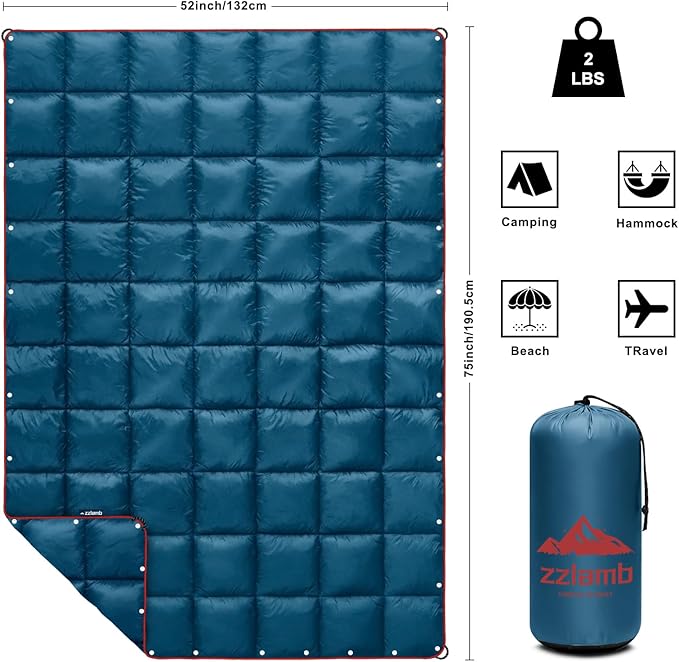 zzlamb Camping Blanket for Cold WeatherOutdoor Puffy Blanket Portable Down AlternativeWindproof Warm Cloak with SnapsCozy Quilt Backpacking Picnic RV Travel Plane Car Hammock Beach Climbing