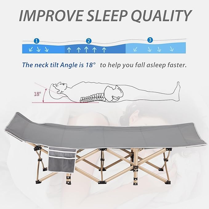 Folding Camping Cot for Sleeping Portable Cots for Adults Heavy Duty Cot Bed 550LBS(Max Load) Extra Wider Cots with Large Pocket for Outdoor Office Beach