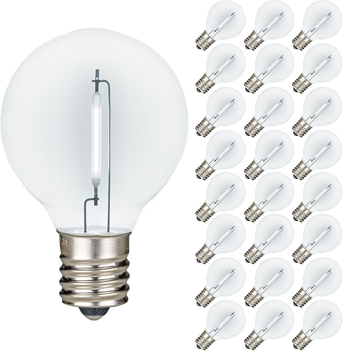 Novelty Lights 25 Pack Pure White G40 LED Filament String Light Bulbs E12/C7 Candelabra Base 5 Watt Equivalent Shatterproof Replacement Bulbs for Patios Canopy Lighting