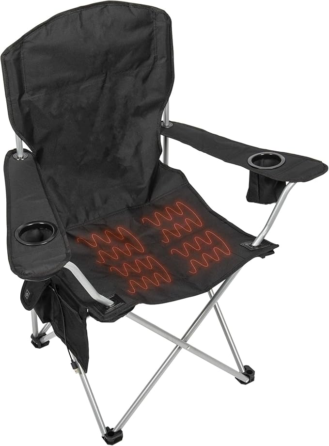 CAMP &amp GO Heated Deluxe Quad Camping Chair Folding Heated Chair with 18 USB Cable Storage Compartment and Cup Holders Black