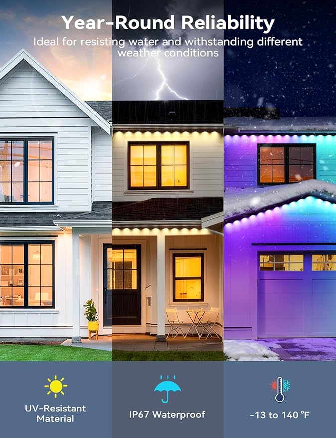 100FT Permanent Outdoor Lights with 60 LED RGB Color Changing String Lights IP67 Waterproof Eaves Light with APP &amp Remote Control 49 Scene Modes Music Sync Mode For Christmas Halloween Part