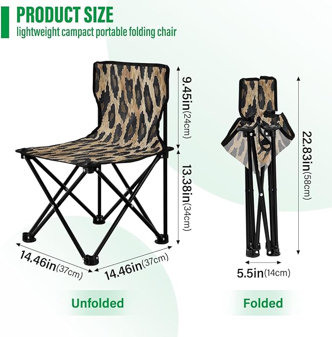Black Leopard Print Portable Outdoor Folding Chair Anti-Slip Padded Oxford Cloth Stool Camping Chair Small for Beach Hiking Fishing Gardening Quad Camp Chair