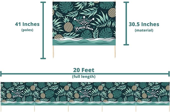Premium 20 ft Beach Windscreen Privacy Screen Wind Blocker - Pineapple Oasis Free Rubber Mallet and Carry Bag Included