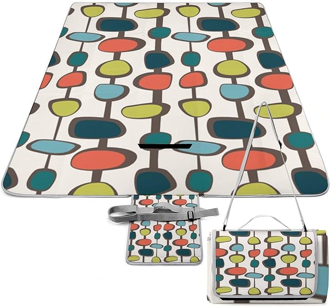 Vintage Mid Century Modern Lime Atomic Pattern Waterproof Outdoor Picnic Blanket Sandproof Beach Mat for Camping Hiking Grass Travelling