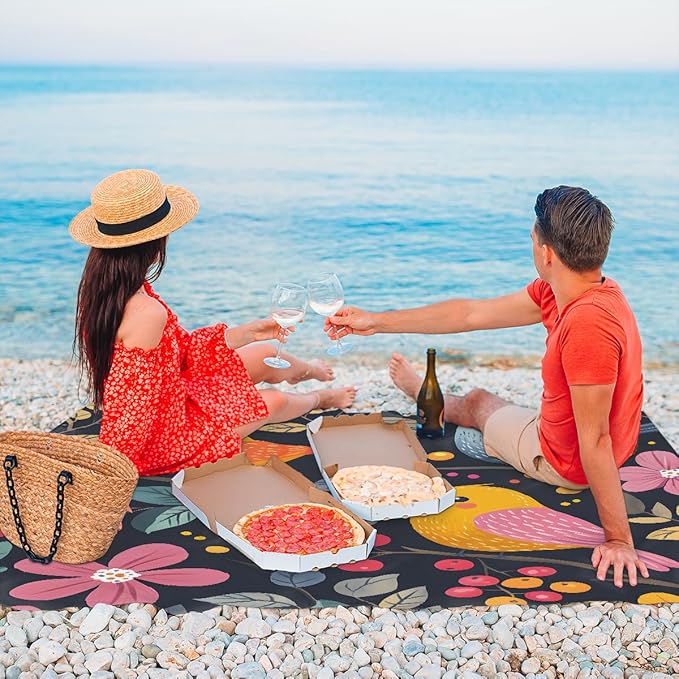 Waterproof Sandproof Beach Blanket 59''×68'' Spring Flowers &amp Birds Polyester Outdoor Picnic Blanket with 4 Stakes &amp Storage Bag for BeachCampingVacation