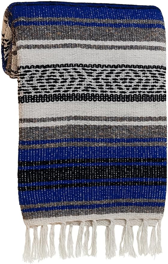 Large Mexican Blanket in Royal — Handcrafted Serape Falsa Yoga Blanket (73” x 48”) – Durable Throw for Camping Beach &amp Outdoor Use – Artisan Craft Made in Mexico from Recycled Fibers