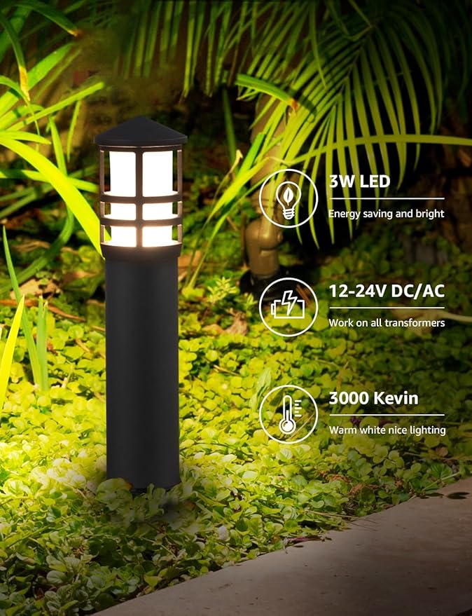 SUNVIE 12-Pack Low Voltage Landscape Pathway Lights 3W Outdoor Landscape Lighting 3000K 12-24V LED Bollard Path Lights Wired CRI 90+ Aluminum Pathway Lighting for Walkway Yard Garden ETL Listed Cord