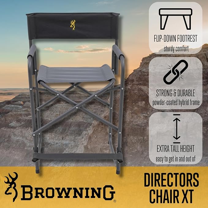 Browning Directors Chair - Outdoor Folding Chairs Made with Durable Fabric and Sturdy Aluminum/Steel Frame with Extra Tall Seat and Flip-Down Footrest