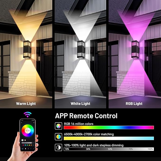Outdoor Wall Lights 4 Pack RGBCW Smart Porch Lights with Various Scene Modes Waterproof Dimmable Up and Down Lights Outdoor DIY Lighting Effects Compatible with Alexa Google Assistant