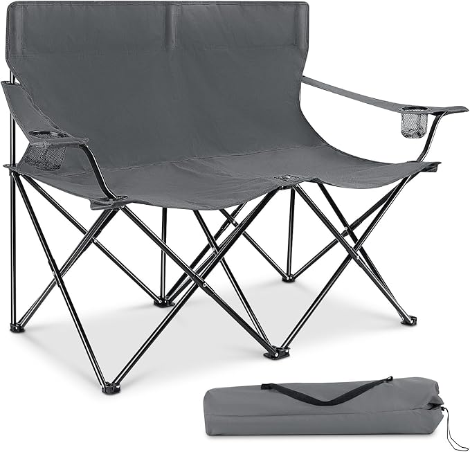 Leonyo Oversized 2 Person Camping Chair Double Camping Loveseat Chair for Adults Foldable &amp Comfortable Double Seat for Lawn Backyard Beach Sports Movie Grey