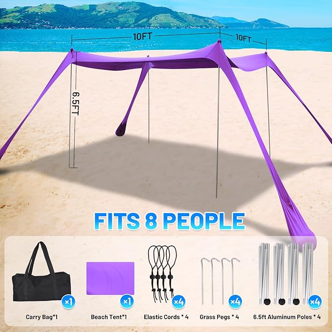 BOTINDO Family Beach Tent Canopy Sun Shade Pop Up Grande Beach Tent Sun Shelter Stability 4 Poles with Portable Carry Bag Outdoor Shade for Fishing Backyard Camping (Purple 10x10FT 4Pole)