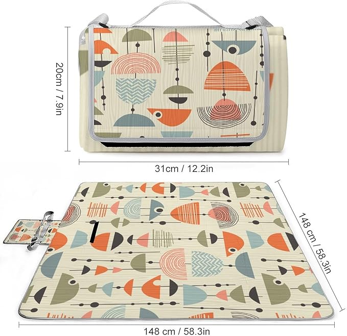 Colorful Retro Mid Century Modern Atomic Pattern Waterproof Outdoor Picnic Blanket Sandproof Beach Mat for Camping Hiking Grass Travelling