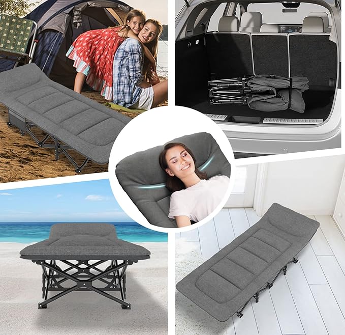 ATORPOK Camping Cot for Adults with Cushion and Pillow Portable Folding Bed for Sleeping Lightweight Tent cot with Carry Bag Supports 450 lbs (Grey)