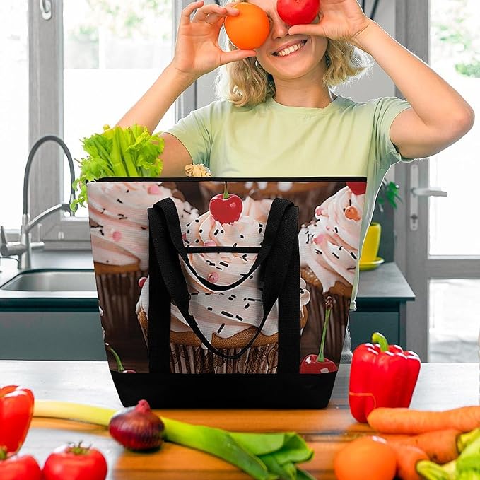 Insulated Shopping BagLarge Reusable Cooler Bags Cupcake And Muffin Printed Foldable Shopping BagTravel Waterproof Shoulder Bag