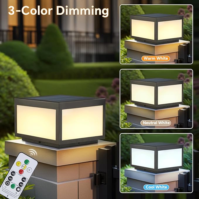 Solar Post Lights Outdoor Pillar LightSolar Cap Column Lighting LED Square Deck Cap Lamp for Flat Surface Patio Garden Decoration Stainless Steel Lamp Post Dusk to Dawn with IP65 Waterproof（10x10）