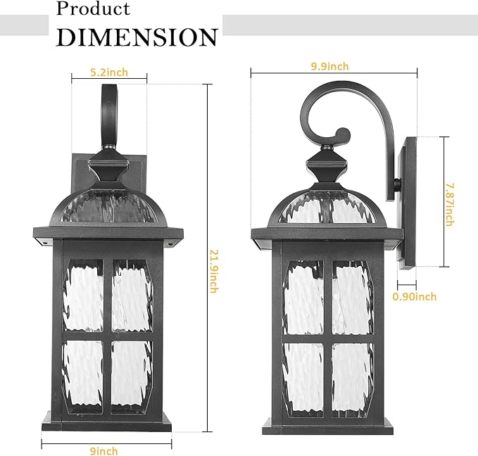 Darkaway 2pcs Large Outdoor Wall Light 22inch Exterior Light Fixture with Water Ripple Glass Aluminum Outside Lights Sconces Exterior Lighting for House Porch Patio Doorway