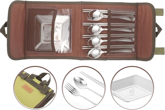 Outdoor Stainless Steel Flatware Set for 4 People Portable Camping Cutlery with Spoon Chopsticks Fork and Plate Barbecue Picnic Tableware with Carry Bag Sturdy Outdoor