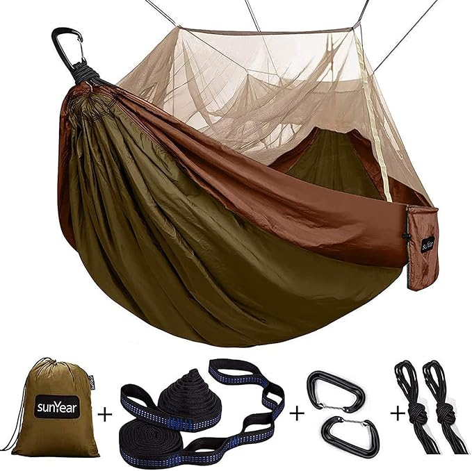 Sunyear Camping Hammock Portable Single &amp Double Hammock with Net 2 Person Hammock Tent with 2 * 10ft Straps Best for Outdoor Hiking Survival Travel