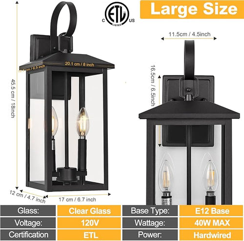 18 Large Black Outdoor Wall Light Fixture 2-Light Waterproof ETL Listed Outdoor Wall Lamp with Clear Glass E12 Socket Aluminum Outside Garage Light Lantern for House Porch Patio Garage