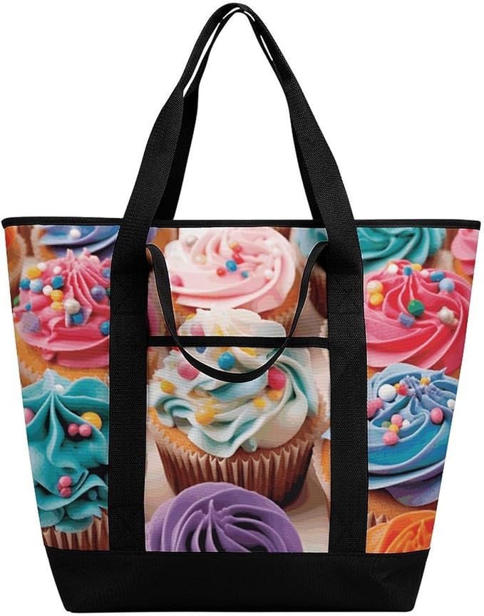 Insulated Shopping BagLarge Reusable Cooler Bags Birthday Cupcakes Printed Foldable Shopping BagTravel Waterproof Shoulder Bag