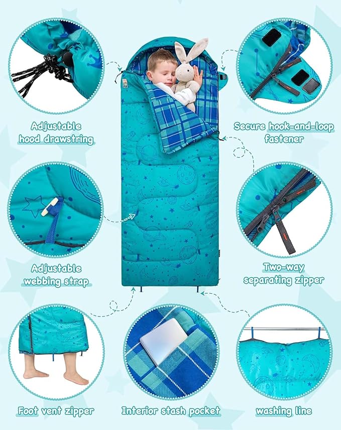KingCamp 45°F Kids Sleeping Bag Lightweight Waterproof &amp Compact Flannel Sleeping Bags Cold Weather &amp Warm Youth Essentials Gear Accessories for Camping Fits 10-12 Children up to 4'7-5'5 T
