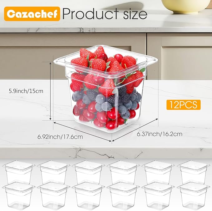 12-Pack 6'' Deep NSF Food Pans 1/6 Size | Commercial Food Storage Containers | Polycarbonate Plastic Pans for Restaurant | Commercial Grade for Food Prep | Clear | Dishwasher &amp Freezer Safe
