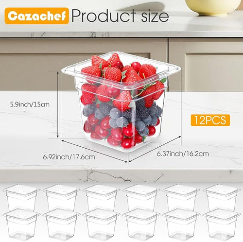 12-Pack 6'' Deep NSF Food Pans 1/6 Size | Commercial Food Storage Containers | Polycarbonate Plastic Pans for Restaurant | Commercial Grade for Food Prep | Clear | Dishwasher &amp Freezer Safe