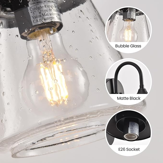 Outdoor Wall Sconce Exterior Waterproof Wall Light Fixture Outside Porch Light with Bubble Glass Shade Matte Black Outdoor Wall Lantern for Patio Garage entryway 2-Pack