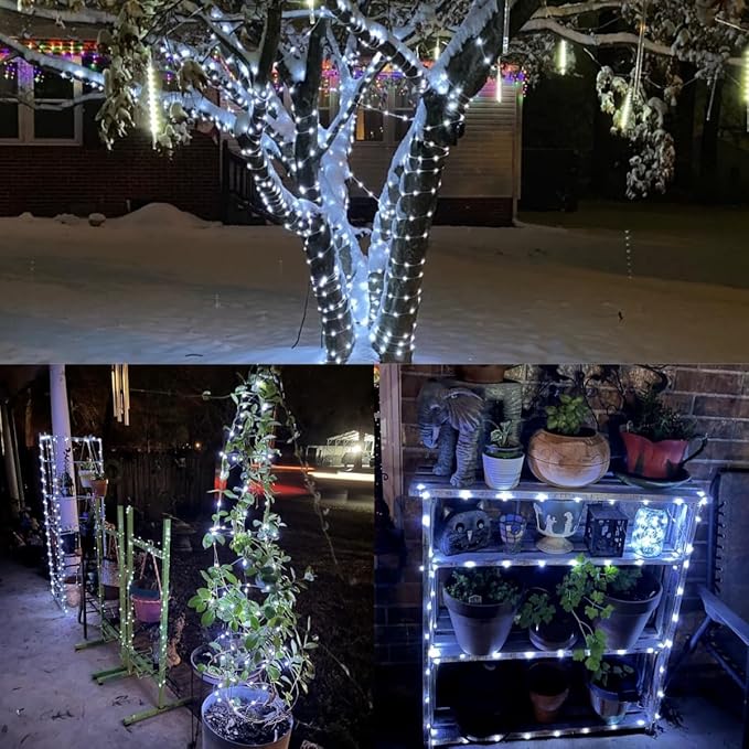 YEGUO 4 Pack White Solar Fairy Lights Each 33ft 100 LED Christmas Lights Outdoor Waterproof 8 Modes Sliver Wire Solar String Lights