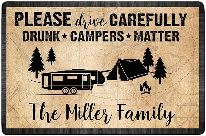 Personalized Please Drive Carefully Drunk Campers Matter Doormat Camping - Custom Family Name Door Mat RV Accessories for Inside Outside Funny Campsite Decorations Travel Trailers 16x24 inches