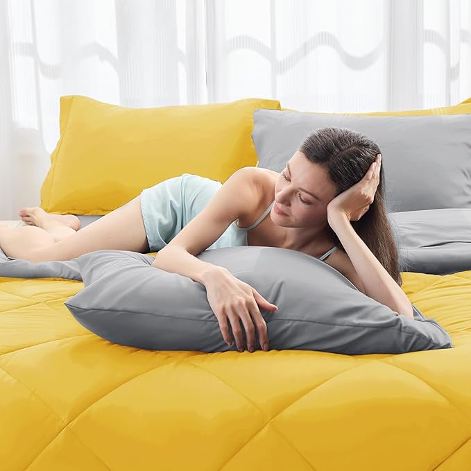 HEVUMYI Full Comforter Set - 7-Piece All Season Bed in a Bag Full Ultra Soft Bedding Set with Comforter Flat Sheet Fitted Sheet Pillowcases Pillow Shams Yellow &amp Light Grey
