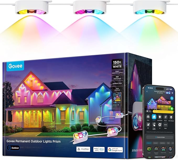 Govee Permanent Outdoor Lights Prism 150ft with 54 Triple-Color Lighting Heads 100+ Scene Modes Up to 60lm for Outdoor Decor IP68 Waterproof Works with Alexa Google Assistant &amp Matter White