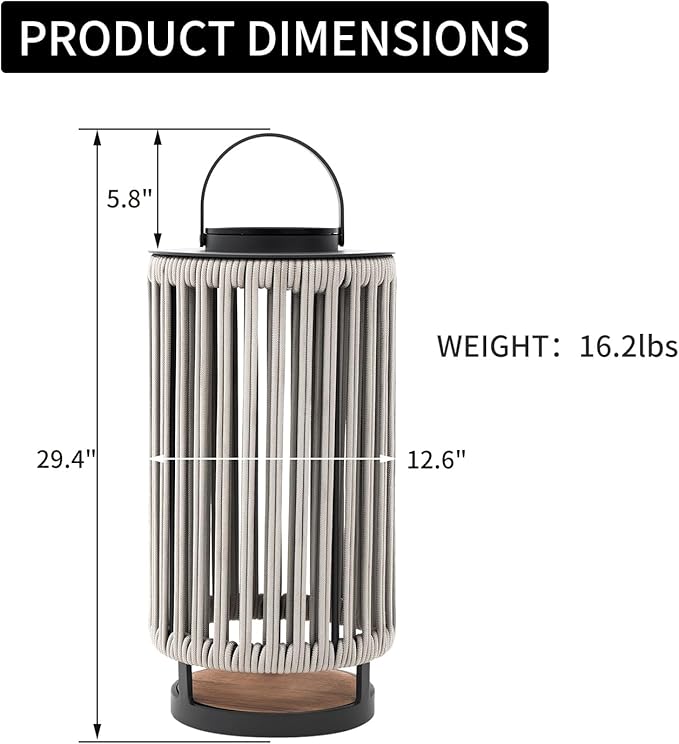 Outdoor Solar Lanterns Outdoor Hollowed-Out LED Floor Lights Aluminum Braided Rope Lantern with Handle for Patio Yard Pathway Grey