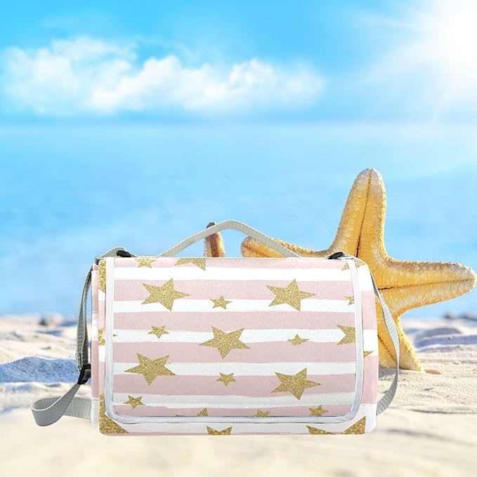 MNSRUU Picnic Blanket Waterproof Foldable Gold Glittering Stars Large Outdoor Picnic Beach Camping Blanket Travel Mat Shoulder Strap Tote Rectangle 57x59in