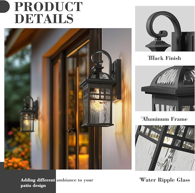 Emliviar 2 Pack Outdoor Wall Lanterns 15 Modern Wall Mount Lamps for House Black Finish with Water Ripple Glass DE281B-2PK BK-WP