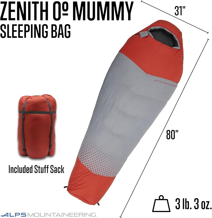 ALPS Mountaineering Zenith 0° Sleeping Bag – Lightweight Down Mummy Sleeping Bag with Hydrophobic Down Insulation Draft Collar &amp Compression Sack for Cold Weather Camping and Backpacking