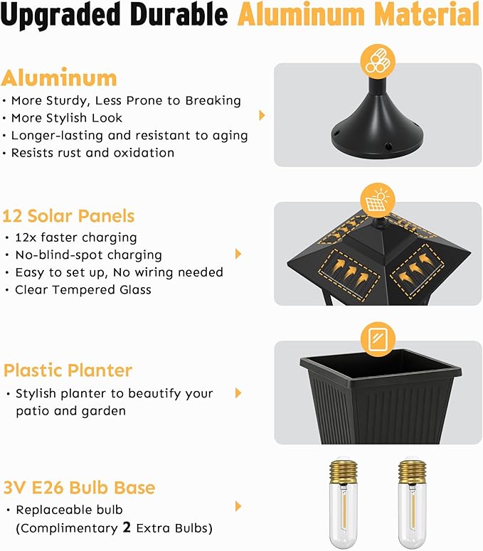 3-Head Solar Lamp Post with Planter 74 Solar Light Flower Pot Lamp Post 60Lm Waterproof Solar Light Poles for Outside Garden Patio Yard Driveway Replaceable Bulb Warm White (3000K)