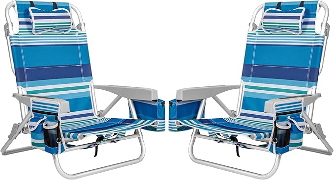 2Pk Aluminum 5-Position Lay Flat Folding Backpack Beach Chairs for Adults with Cooler Bag Cup&ampPhone Holder Towel Bar for Outdoor Lawn Picnic Sport Portable Foldable Camping Chairs Blue Stripe