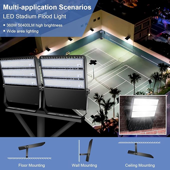 52200LM LED Stadium Flood Light Commercial Eqv 2400W Super Bright 145LM/W 5500K 360W LED Arena Light Outdoor 85-277V IP65 Waterproof Backyard Wall Yoke Mount Fixture 2 Pack